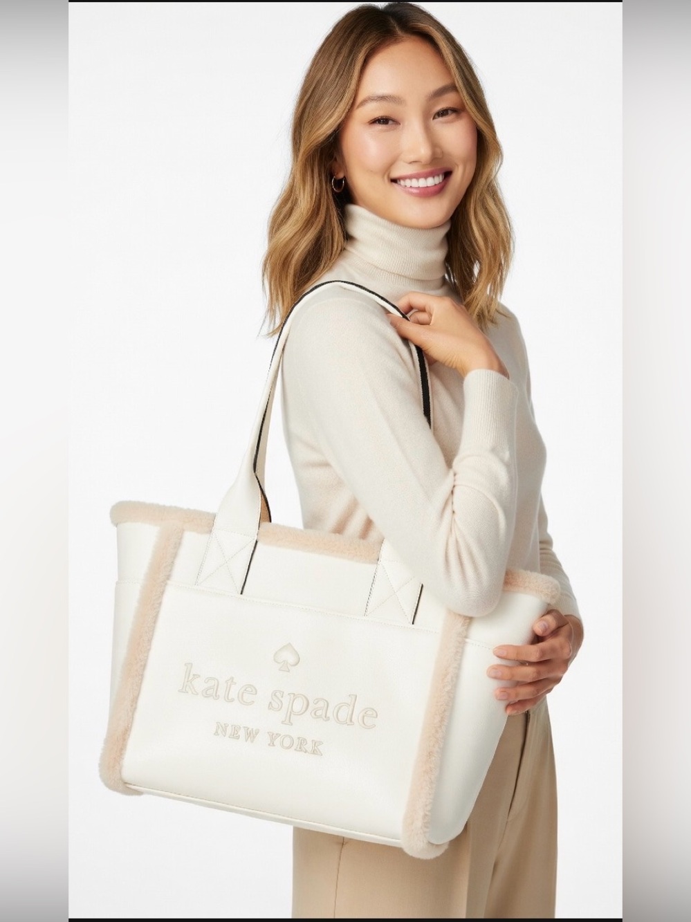 Kate Spade Jett Meringue White Large Tote Faux Shearling Trim Satchel Bag